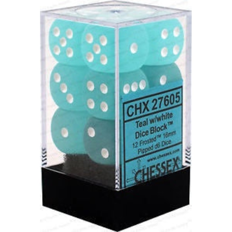 D6 Dice Frosted 16mm Teal/White (12 Dice in Display) CHX27605