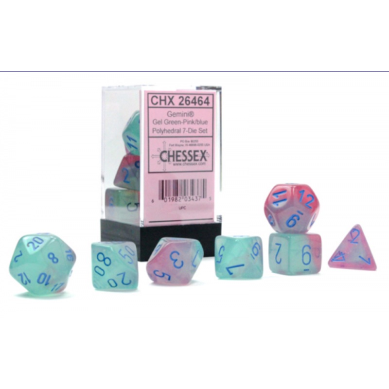 Chessex: Gemini RPG Dice – Polyhedral Gel Green-Pink/Blue Luminary