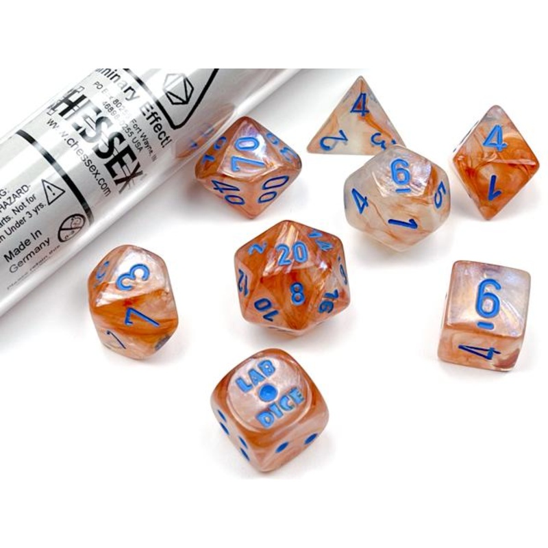 Chessex Polyhedral Lab Dice: Borealis Rose Gold/light blue Luminary 7-Die Set