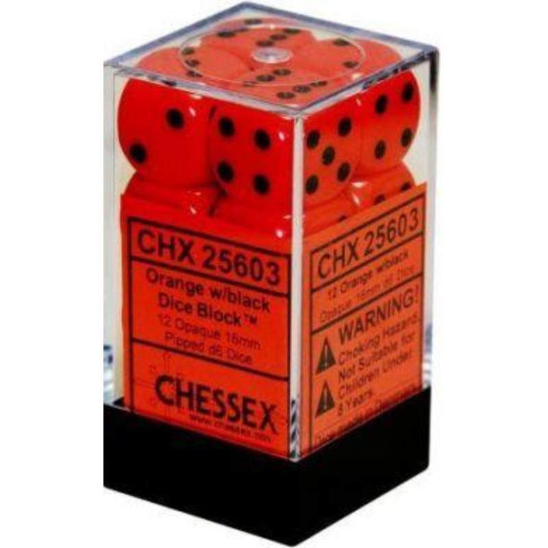 Dice Opaque 16mm D6 Orange/Black (12) CHX25603