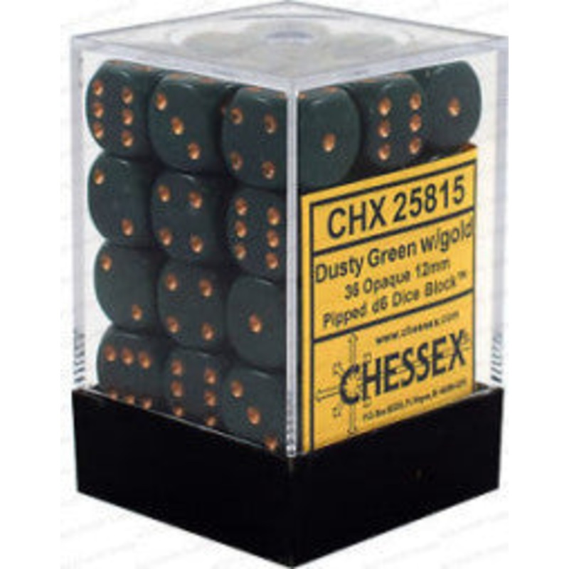 Dice Opaque 12mm D6 Dusty Green with Gold (36)  CHX25815